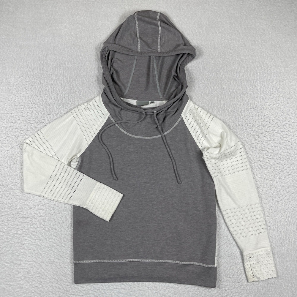 Athleta Hoodie Pullover Women M Gray White Perforated Raglan Sleeve Thumbholes
